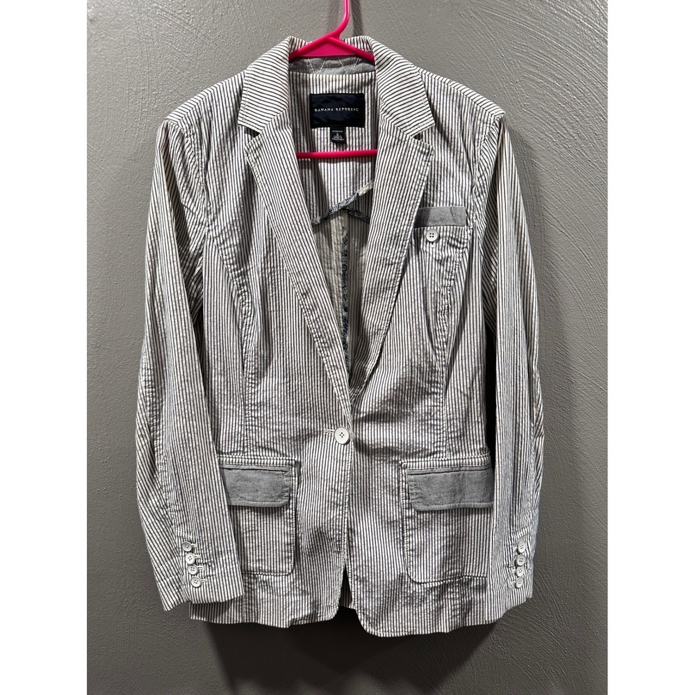 Banana Republic Womens Seersucker Striped Blazer Blue White Size 6 Stretch